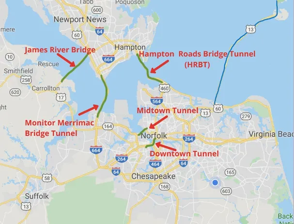 Hampton Roads tunnels and bridges map